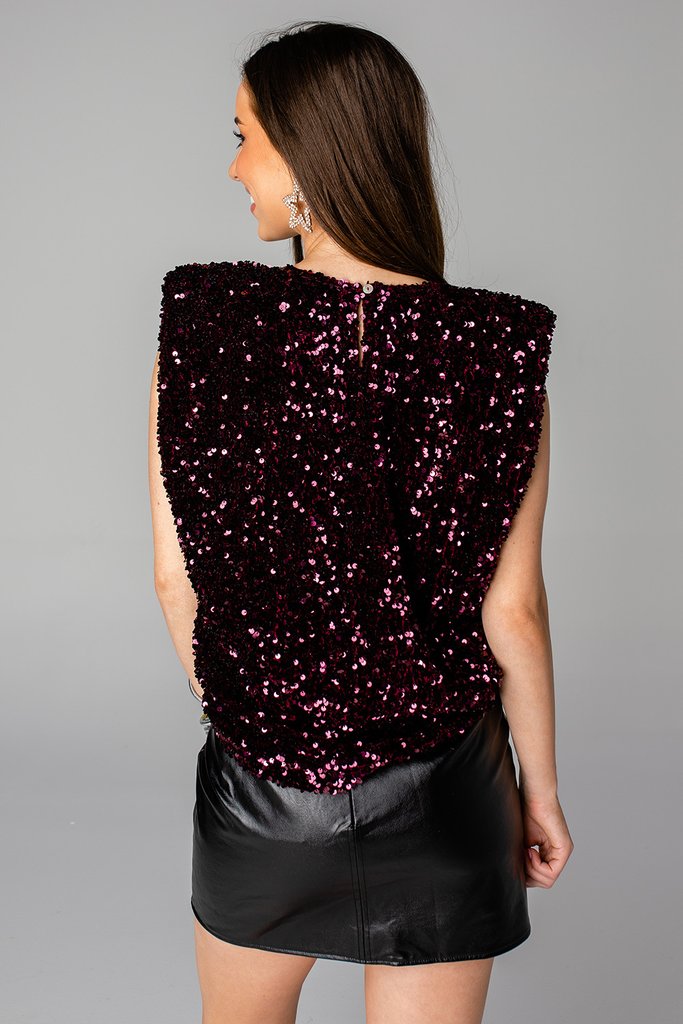 lucy merlot muscle tank top, merlot sequin top, red sequin top, buddy love sequin top red