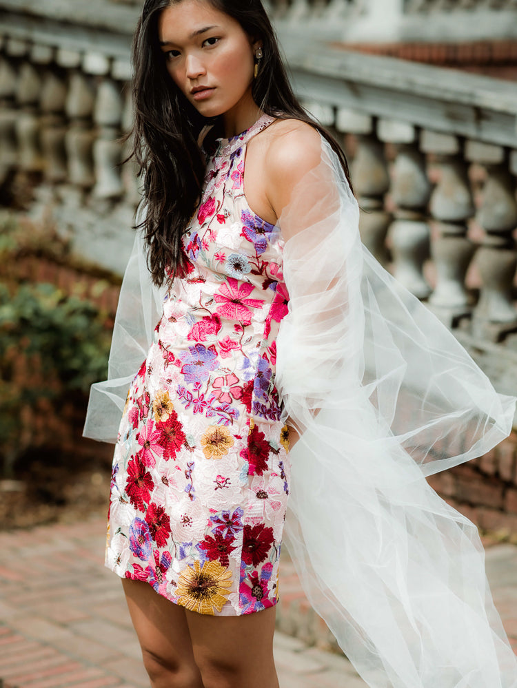 lyla multi colored embroidered floral minii dress, flower mini dress, floral bridal shower dress