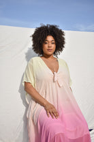 mamie papaya caftan from buddy love, buddy love mamie dress, buddy love mamie caftan, tie dye caftan, pink caftan, plus size caftan