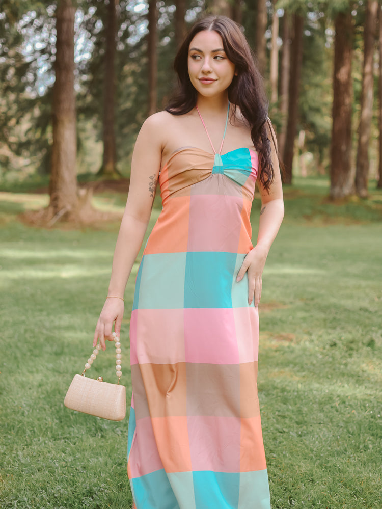 multi color maxi dress, summer wedding guest, colorful plaid maxi