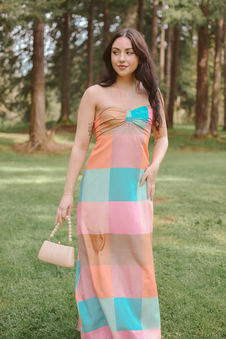 multi color maxi dress, summer wedding guest, colorful plaid maxi