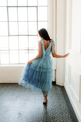 blue tulle midi dress