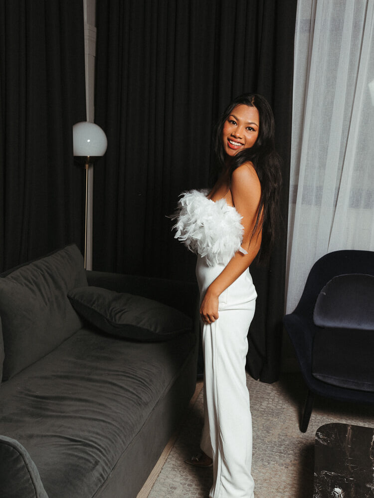 white strapless feather jumpsuit