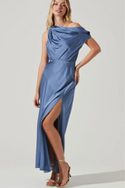 monroe slate blue satin maxi dress astr