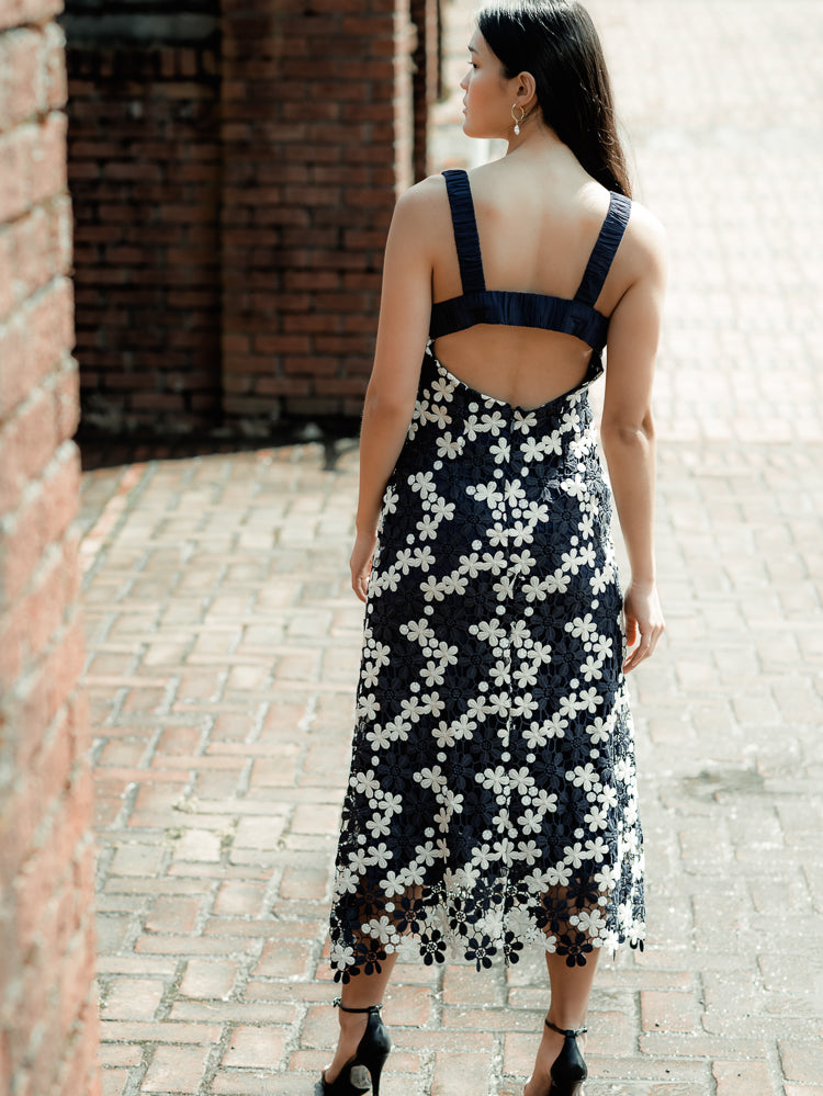 blue and white crochet floral midi dress, navy wedding guest dress, summer wedding guest dress