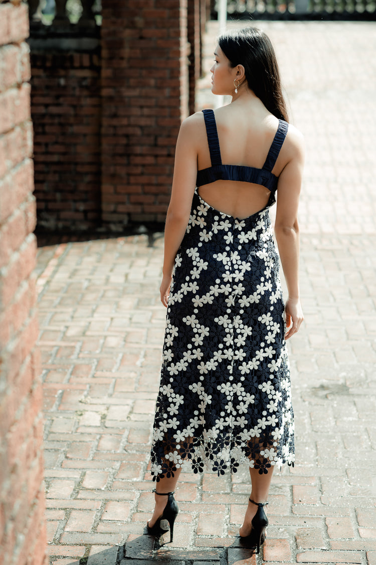 blue and white crochet floral midi dress, navy wedding guest dress, summer wedding guest dress