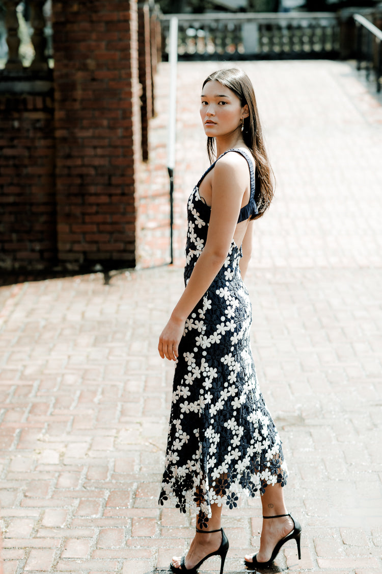 Blue and white wedding guest clearance dress