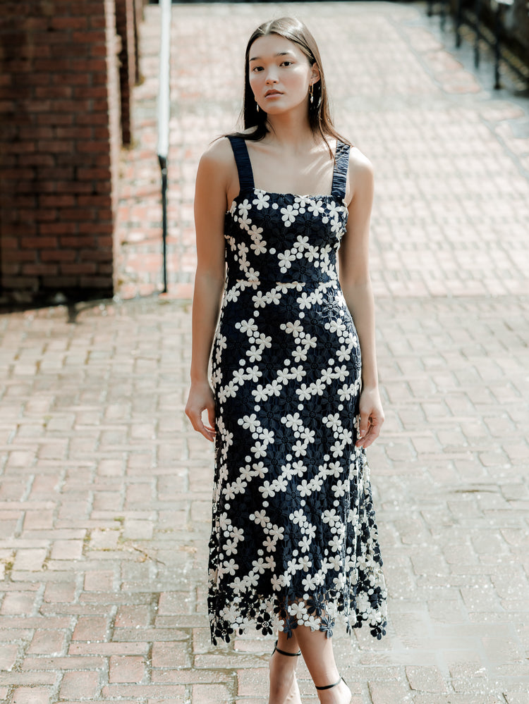 blue and white crochet floral midi dress, navy wedding guest dress, summer wedding guest dress