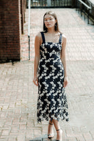 blue and white crochet floral midi dress, navy wedding guest dress, summer wedding guest dress