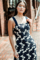 blue and white crochet floral midi dress, navy wedding guest dress, summer wedding guest dress