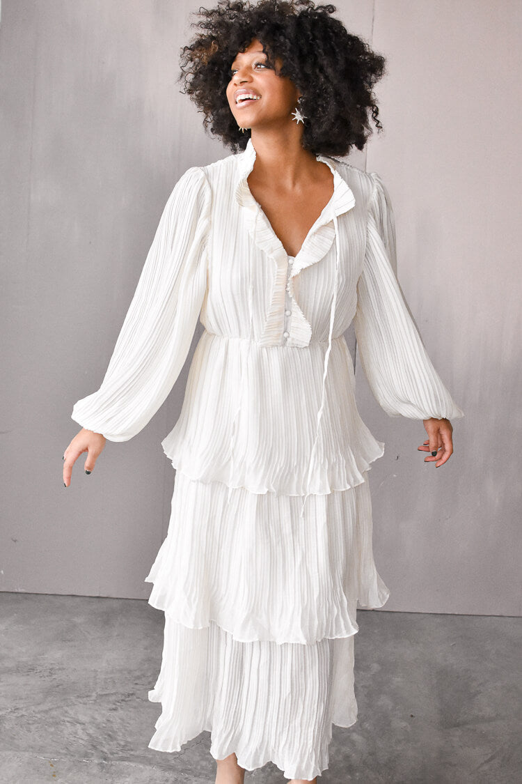 Odette Ruffle Mock Neck Tiered Midi Dress White 138 Free Shipping