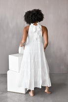 high neck white maxi dress, white maxi dress, rehearsal dinner dress