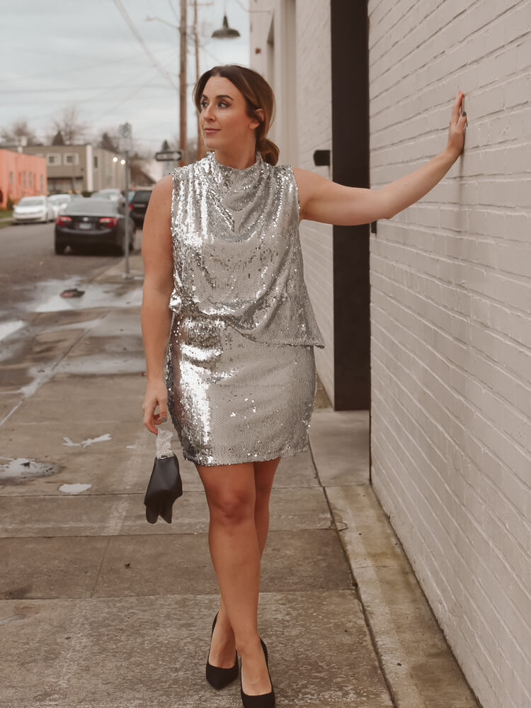 silver sequin mini dress, mock neck silver sequin mini dress