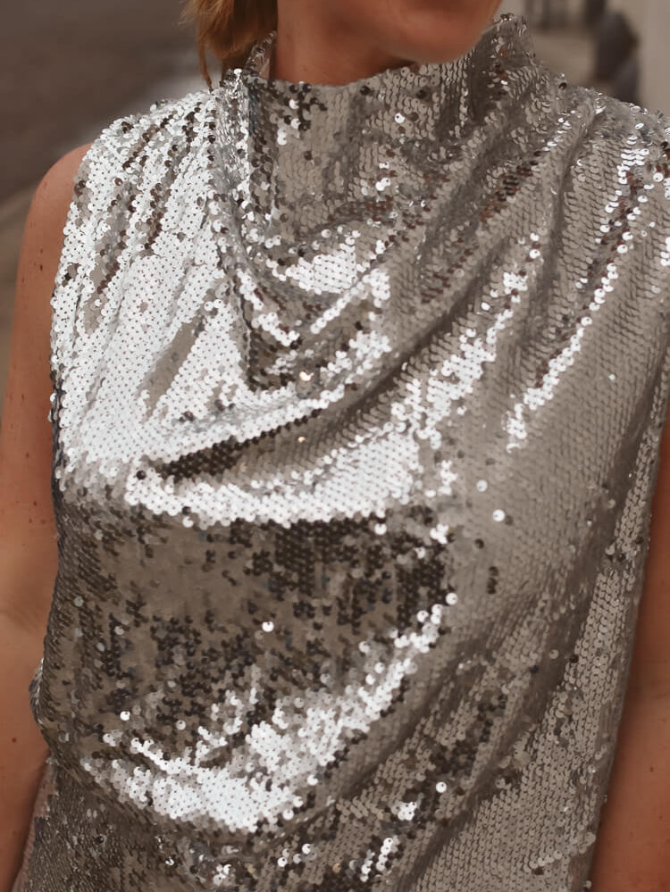 silver sequin mini dress, mock neck silver sequin mini dress