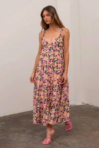 pink floral midi dress from moon river