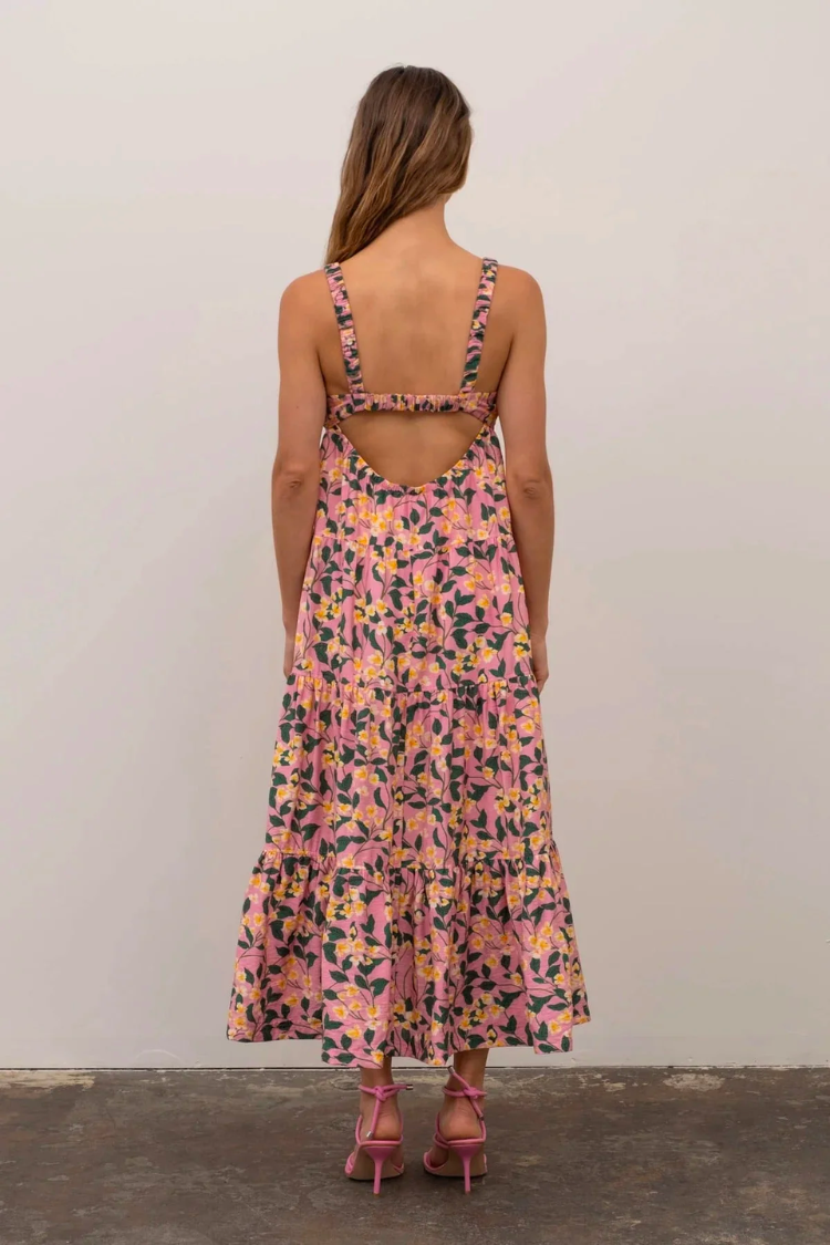 pink floral midi dress from moon river