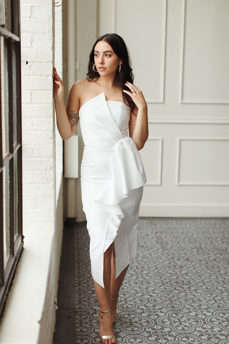 reception dress elliatt, reception white midi dress, rehearsal dinner dress for bride, white midi dress