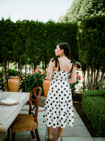 black and white polka dot midi dress, wedding guest dresses, polka dot dress