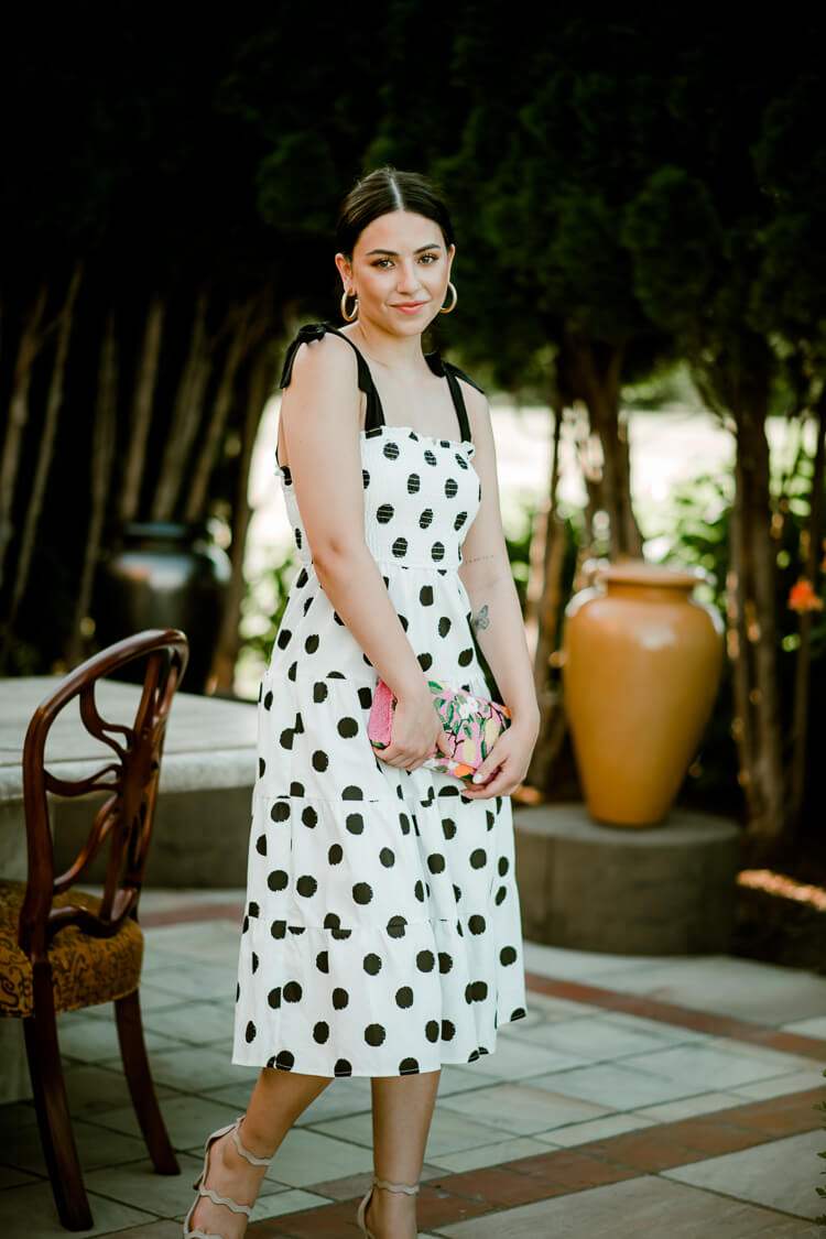 black and white polka dot midi dress, wedding guest dresses, polka dot dress