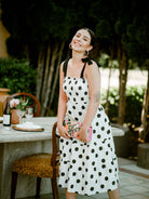 black and white polka dot midi dress, wedding guest dresses, polka dot dress