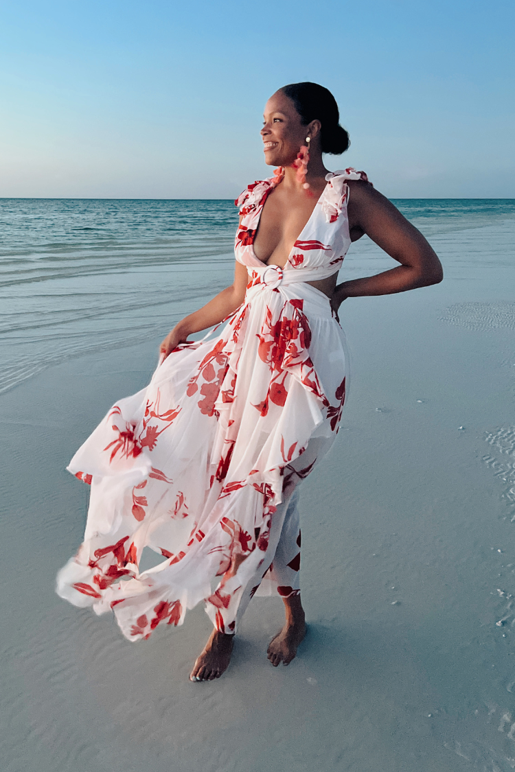 Red and white floral dress on sale