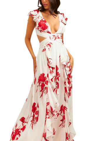 Sandra Red and White Floral Maxi Dress