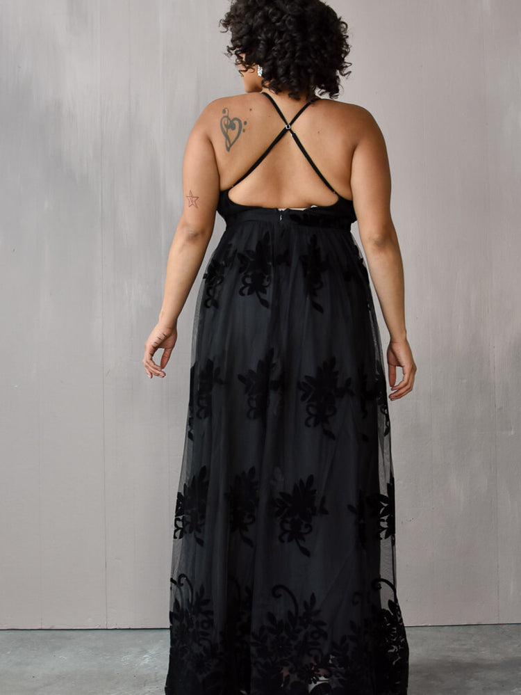 Say I Do Floral Flocked Mesh Maxi Gown - Black