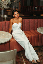 white strapless tuxedo wide legged jumpsuit