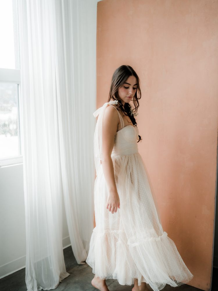 Next to you cream 2024 swiss dot ruffled midi dress