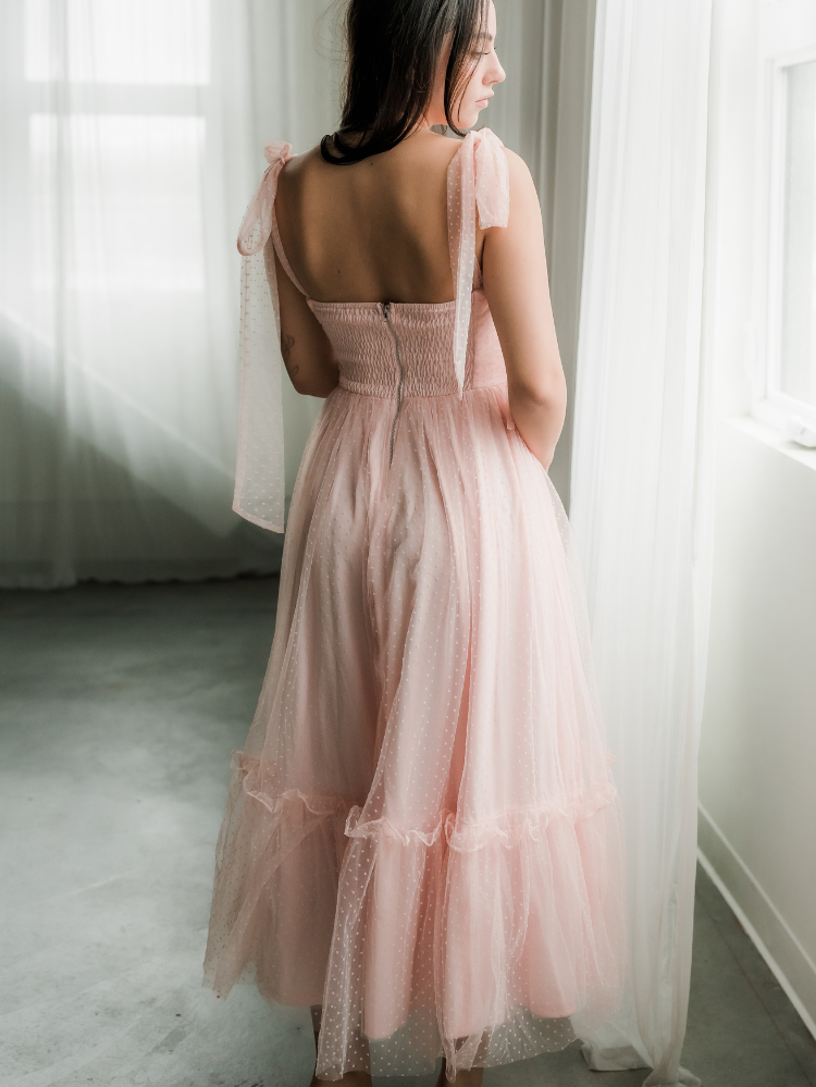 pink swiss dot midi dress