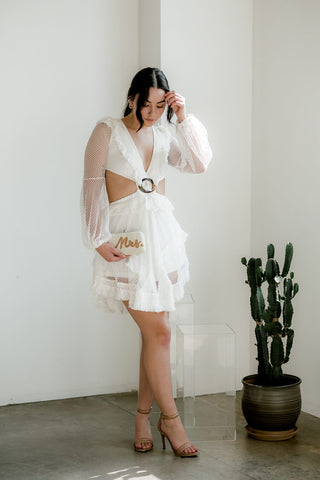 white crochet mini dress with cutouts, honeymoon dress, white vacation dress