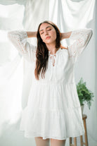 white eyelet mini dress, long sleeved mini eyelet dress, casual white spring dress, best little white casual dresses