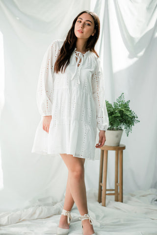 white eyelet mini dress, long sleeved mini eyelet dress, casual white spring dress, best little white casual dresses