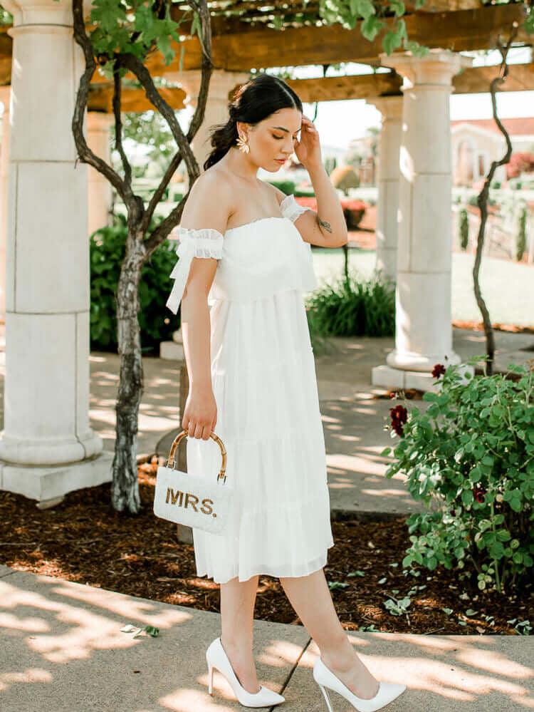 white off the shoulder tiered midi dress, summer white midi dress, bridal shower midi dress, bridal shower dress