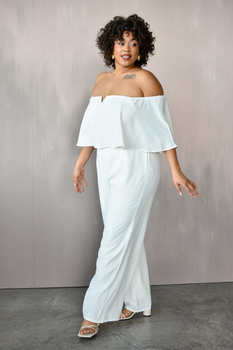 Off the Shoulder White Jumpsuit Plus Size 115