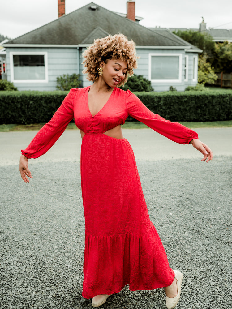 red cutout maxi dress for wedding guest
