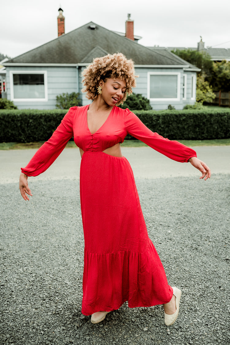 red cutout maxi dress for wedding guest