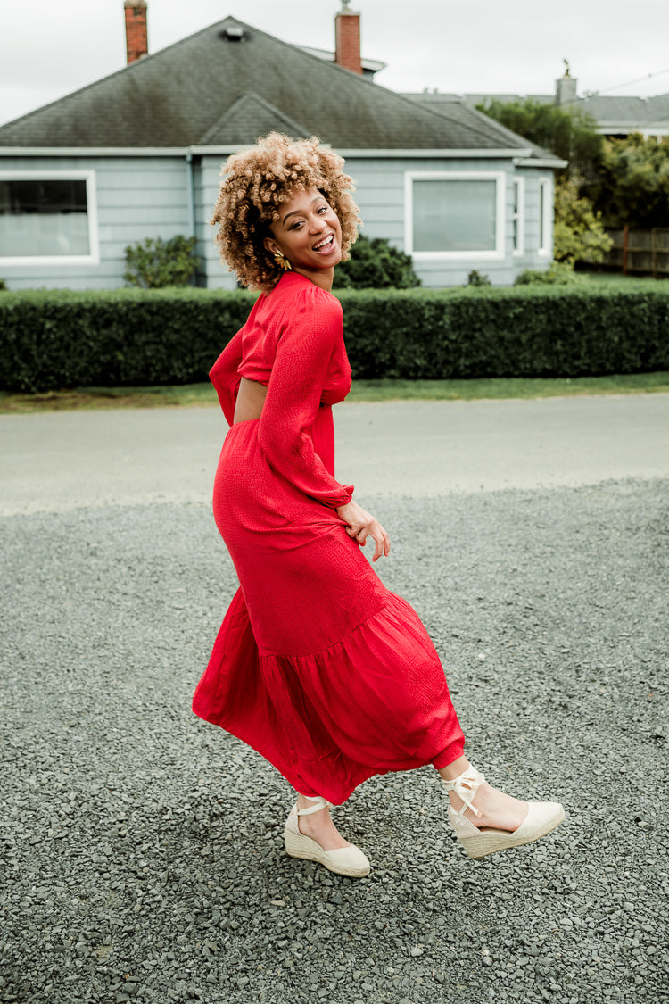 red cutout maxi dress for wedding guest