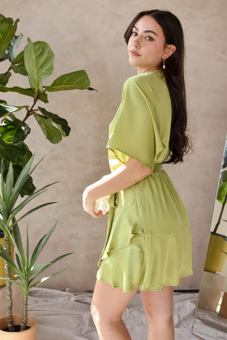 lime green silky wrap mini dress