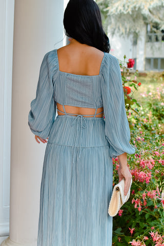 Alana Slate Pleated Cutout Long Sleeved Maxi Dress