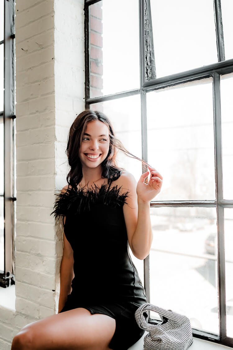 black feather mini dress