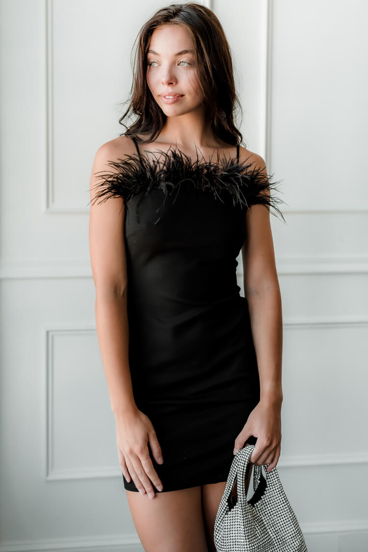 black feather mini dress