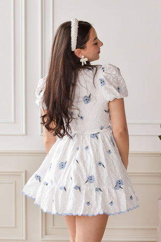 white eyelet mini dress with blue embroidered flowers