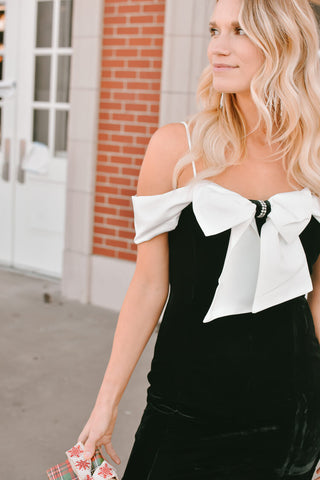 black velvet and white bow mini dress