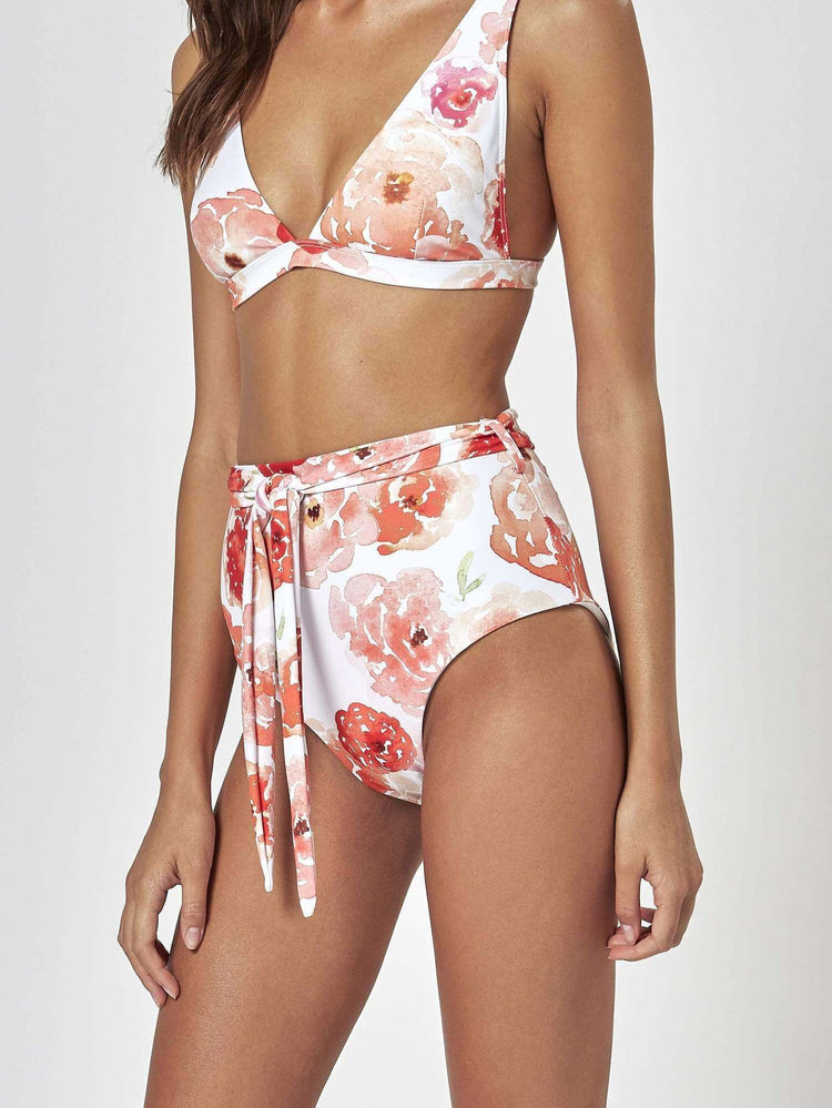 cabana high waist bottoms in orange floral rose print, honeymoon swimsuit, bridal swimwear