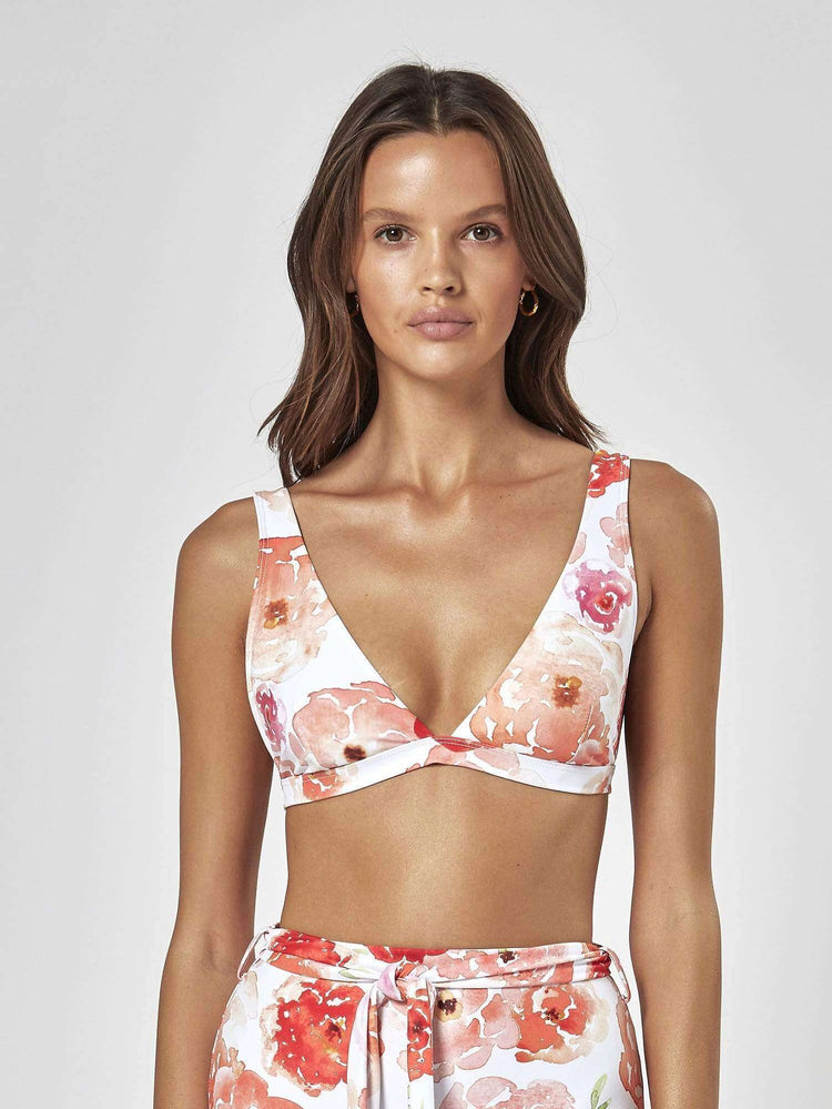 orange floral tori wide tri bikini top from charlie holiday, 2021 swimwear, honeymoon swimsuit
