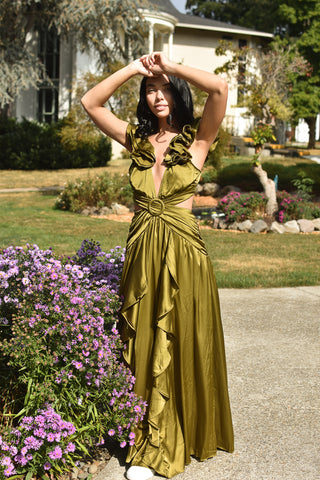 Eva Olive Green Satin Ruffle Maxi Dress