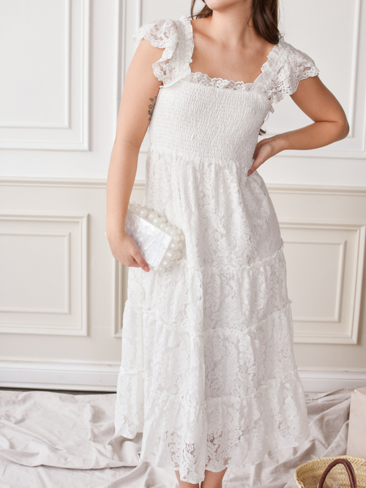 lace midi dress with smocked chest
