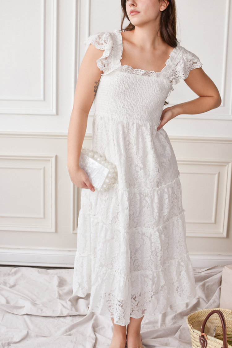 lace midi dress with smocked chest