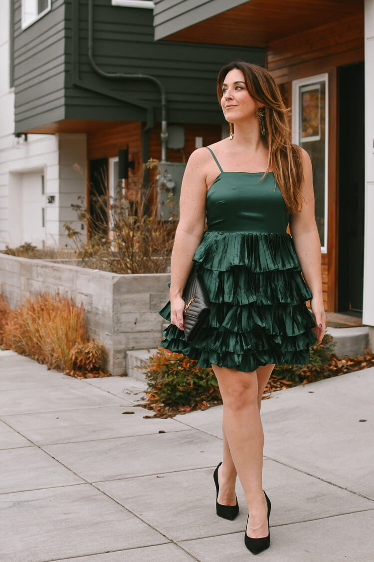 emerald green ruffle tiered mini dress